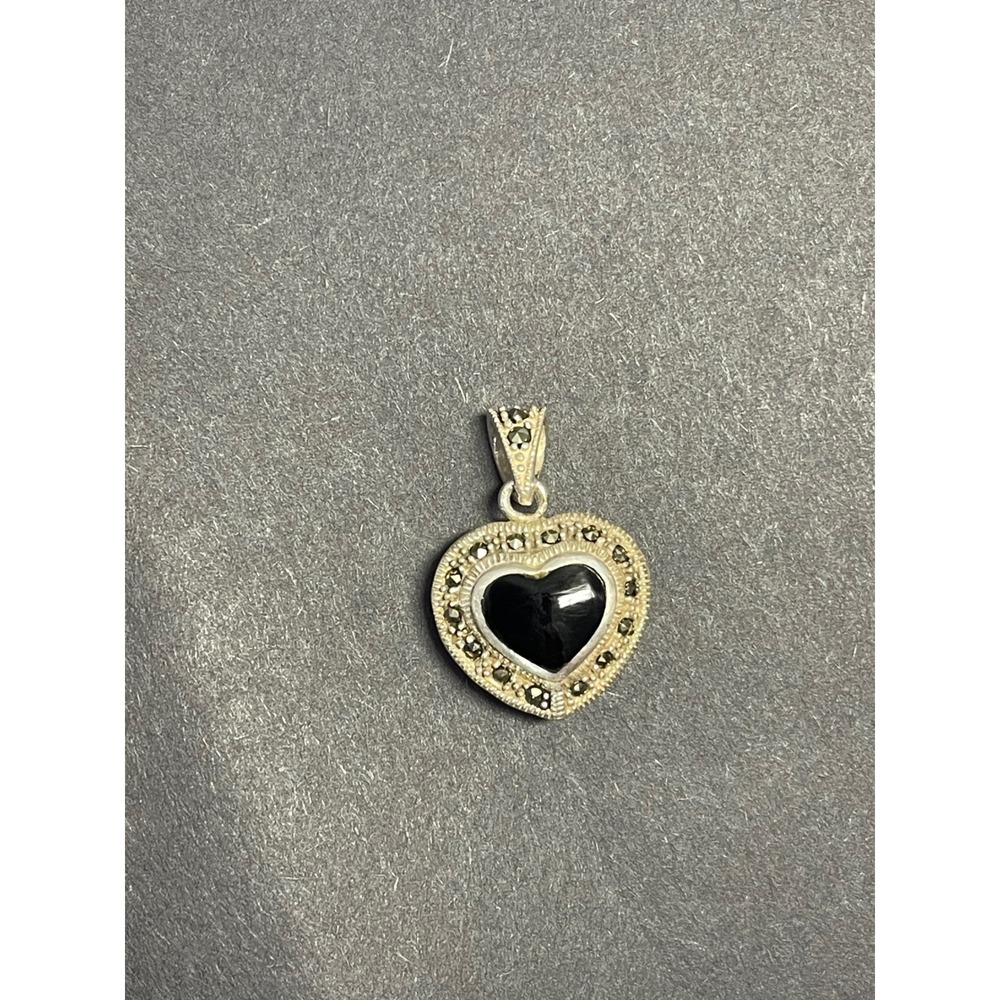 Sterling Silver Reversible Heart Pendant Onyx Mother of Pearl Marcasite Charm